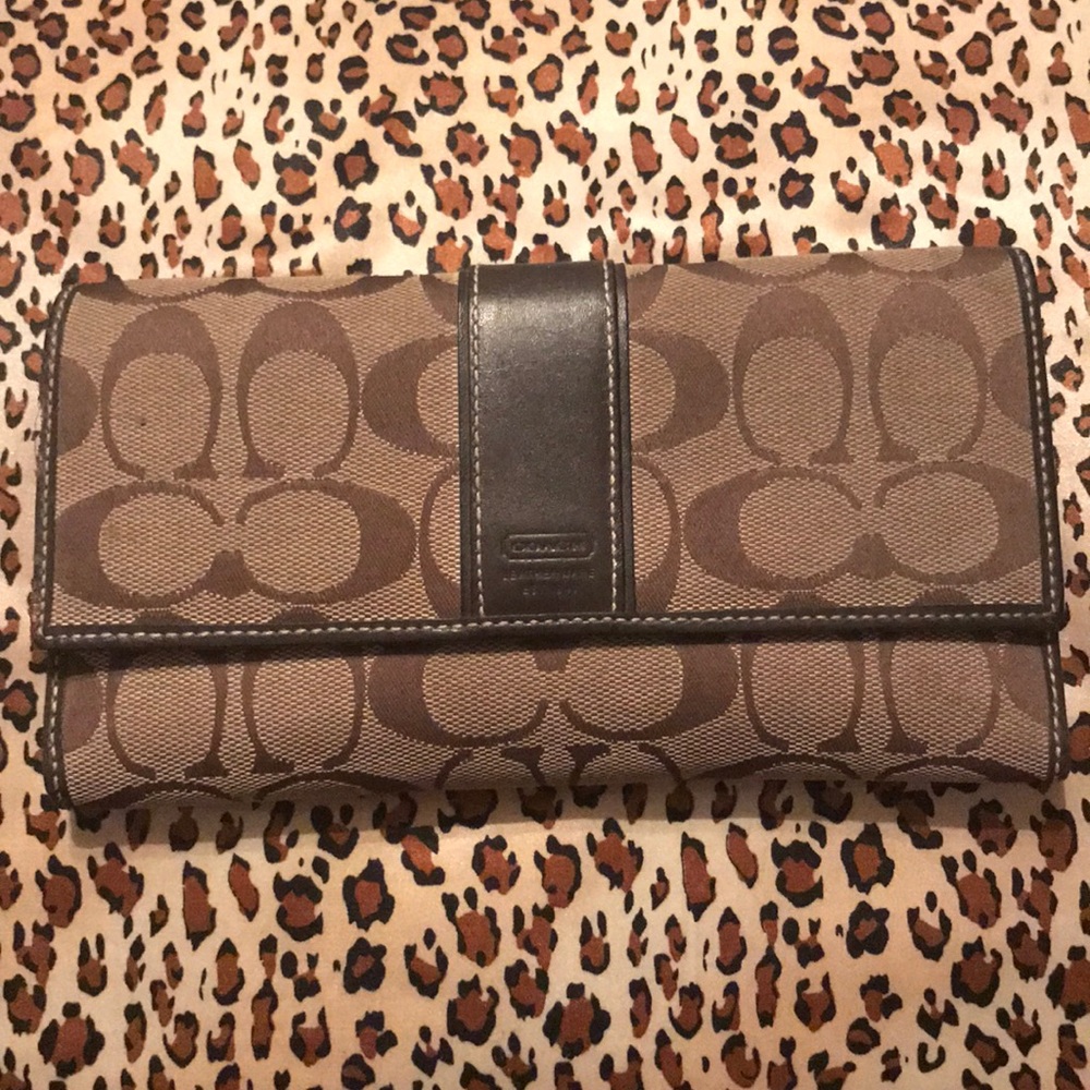 Coach brown signature large trifold wallet